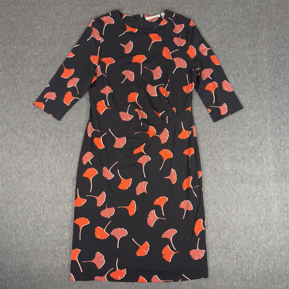 Boss Dress Womens Large Black Floral Ginkgo Ruched Sheath 3/4 Sleeve Knee